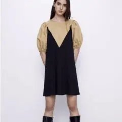✨美品✨ZARA パフスリーブワンピース　バイカラー　ブラック　ベージュ　M