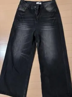 MENES ブラック ワイドデニムパンツ