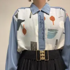 青 ブルー 水色 系 英字刺繍 比翼 配色 レトロ ブラウス 長袖 古着