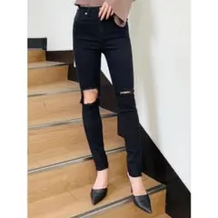 GYDA ジェイダ H/W KNEEダメージデザインカラーパンツ ブラック XS