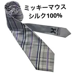 ミッキーマウス　ネクタイ　シルバー　チェック　シルク100%