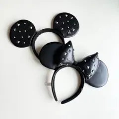 ディズニー　カチューシャ　ミッキー　ミニー　レザー　黒　ブラック　2つ