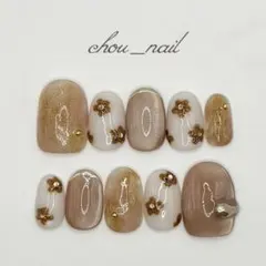 【オーダー用✨】No.65ネイルチップ花ニュアンス茶マグネット大人きれいフレンチ