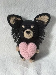 ハート♡チワワのあみぐるみキーホルダー ＊ロングコート　ブラックタン