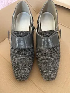 ツイード パンプス グレー 太ヒール サイドファスナー 通勤 きれいめ