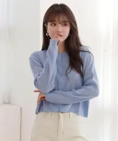 韓国ブランド ショート丈 長袖カーディガン ブルー 春服のサムネイル