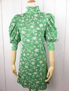 【値下げ】ザラ　ZARA　ワンピース　花柄　緑　ボトルネック　パフスリーブ　M