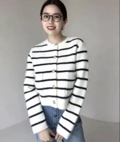 anuans ラクーンブレンドノーカラーニットジャケット BORDER