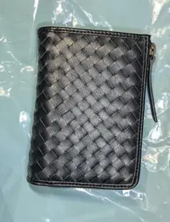 エルメネジルドゼニア 編み込み 折財布 コンパクトウォレット 黒色