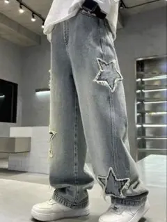 SHEIN スター柄 ワイドデニムパンツ ライトブルー