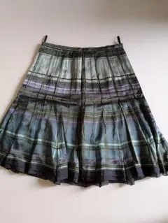 ARTISAN シルクチェック柄スカート グリーン系 裾チュール