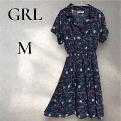 【美品】GRL グレイル 花柄開襟ワンピース ネイビー M レトロ 半袖