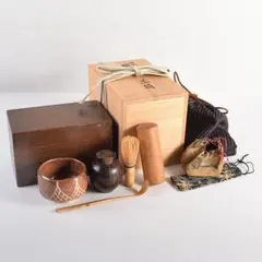 茶道具　時代　桐木地　茶箱　赤楽茶碗　黒柿茶壷など　五点　一式　D　R8789