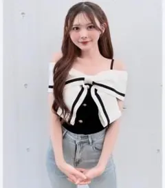 NOMAE リボンオフショルニット ホワイト ブラックのサムネイル