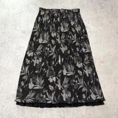 花柄 プリーツスカート ロング ウエストゴム 上品 モノトーン 美品