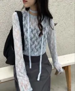 nemne リボンタイ付きレーストップス　Mサイズ　ライトブルーのサムネイル