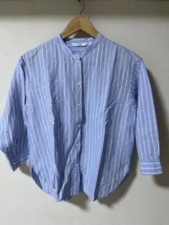 UNIQLOリネンブレンドストライプバンドカラーシャツ