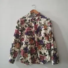 古着　花柄 長袖シャツ クリーム色　コーデュロイ
