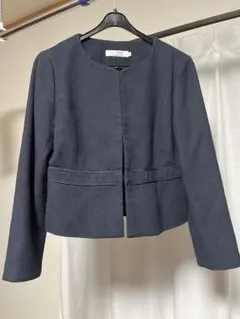 紺色　ノーカラー ツイード ラメ入りジャケット