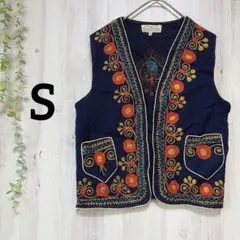 【希少】ヴィンテージ パキスタン製 手刺繍 ウールベスト 民族衣装 ネイビー S