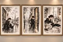 パリの風景 黒猫と女性 アートポスター 3枚セット