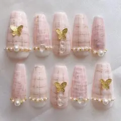 O12【オーダー】ワンホン ピンク 蝶 ネイルチップ ジェルネイル 付け爪