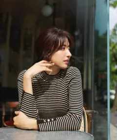 ANY SIS 【洗える】リブインナー ニット ブラック×アイボリーボーダー 2