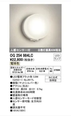 最終価格　オーデリック 屋外用LED照明 OG 254 984LC 人感センサー