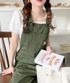 オリーブグリーン サロペット コットン