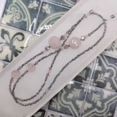 【天然石㊾】メガネチェーン★薔薇＆フラワー「ローズクォーツ」＆スワロフスキー