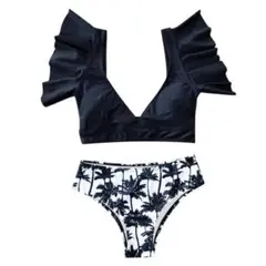 水着　ビキニ　セパレート　ハイウエスト　体型カバー　緑　花柄　夏　海　プール　黒