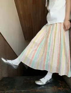 ロングスカート Aライン レトロデザイン 着痩せ カラフル ストライプ 美品