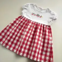 美品★90cm familiar 白×赤ギンガムチェック半袖ワンピース