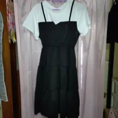 ブラック×ホワイト 半袖 重ね着風ワンピース M