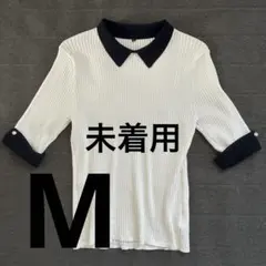 襟付きリブニット 半袖 ホワイト×ブラック M