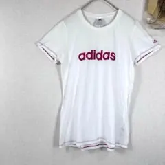アディダス　半袖Tシャツ　ホワイト　ピンク　カジュアル　ロゴプリント　L