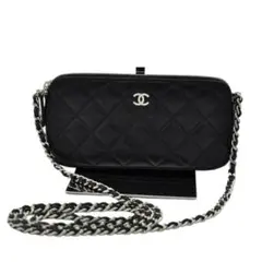 CHANEL シャネル 美品 マトラッセ チェーンウォレット ラムスキン 黒
