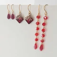 (6) 3点セット　ピアス　イヤリング　レッド　赤　ハンドメイド　まとめ売り