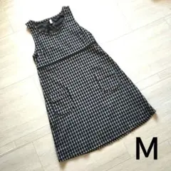 M　ノースリーブ 　ワンピース　ひざ丈　千鳥柄　黒　ブラック　秋　冬