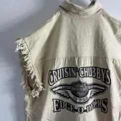 【激シブベスト】☘ビックシルエット☘ベージュ☘2XL☘バイカー☘プリント☘激レアのサムネイル