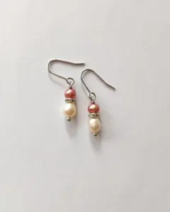 淡水パール/ピンクとオレンジベージュのピアス/樹脂フック/樹脂ノンホール