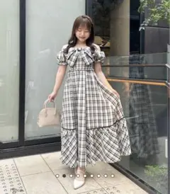 AnMILLE ビッグリボンオフショルOP チェックワンピース オフホワイト