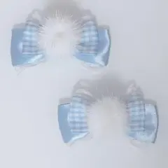ミニリボンヘアクリップ 水色 ギンガムチェック ファー 量産型ロリィタ推し活