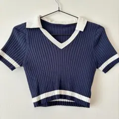 SHEIN 半袖ミニ丈ポロニット ネイビー Lのサムネイル