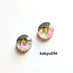 #034 ハンドメイドピアス　イヤリング　レジン　グレー　リボン