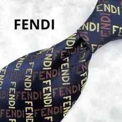 【未使用】FENDI ネクタイ シルク 総刺繍ロゴ ゴールド＆ブロンズ 濃紺