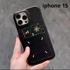 人気！iphone15 レザーケース ポケット2個付 ブラック