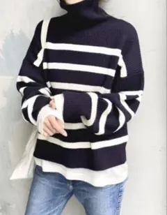 スピックアンドスパン ボーダーニットハイネックプルオーバーネイビー
