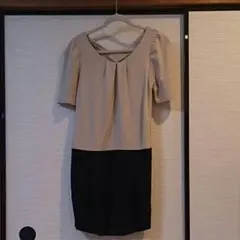 フォーマルワンピース　リボン付　プリーツ　バイカラー