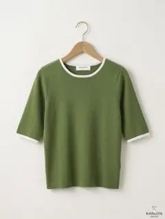 【美品】KHALITA（ハリータ）リブニット 五分袖 グリーン しまむら M相当